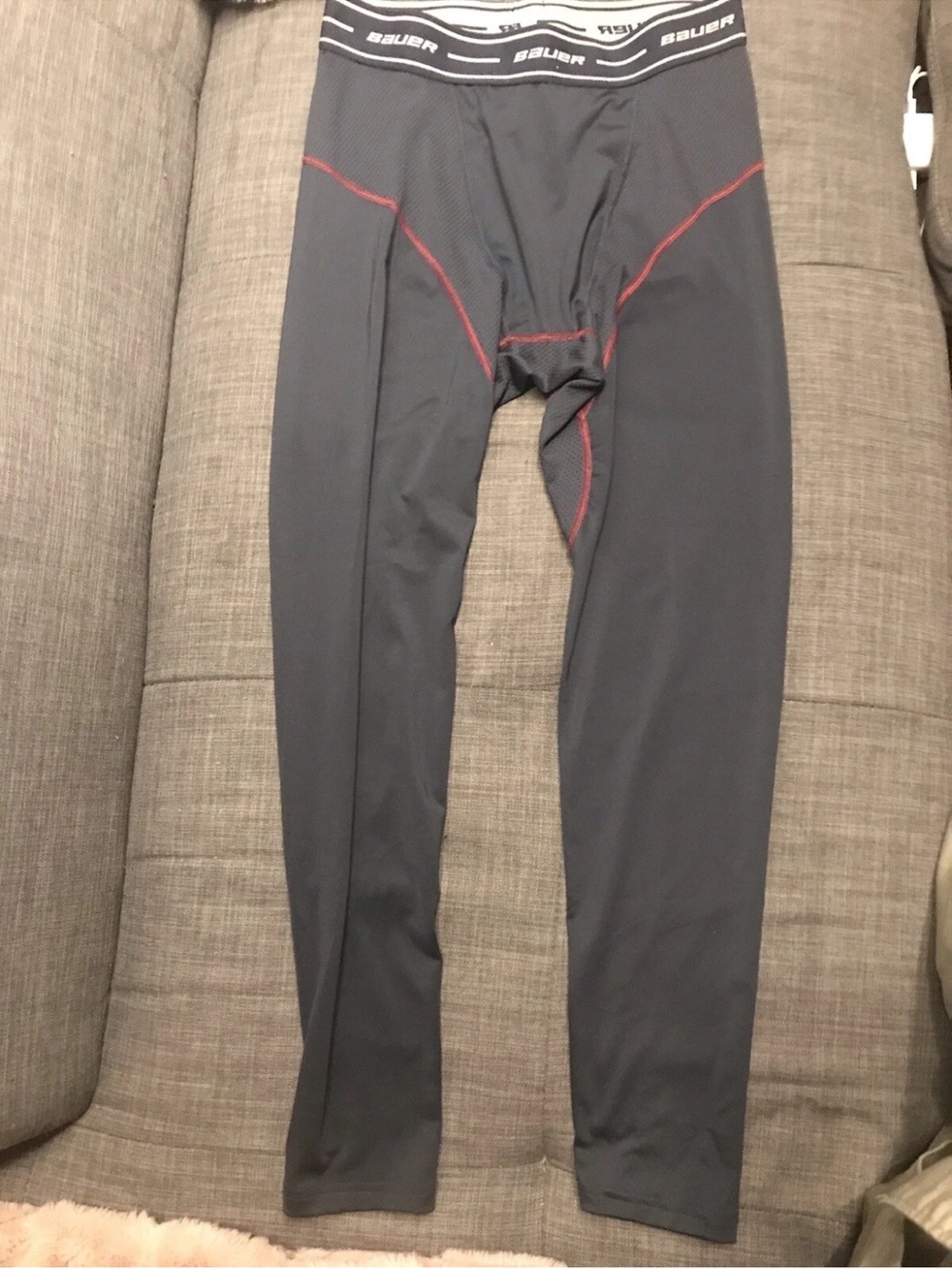 Bauer Men's Long Athletic Compression Tights in Charcoal with Red Stitching